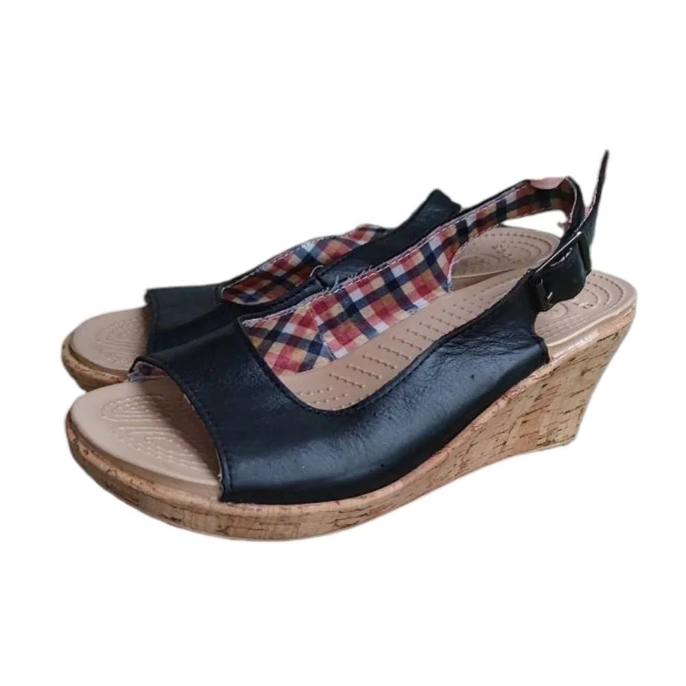 CROCS Black Leather Wedge Sandals Comfort